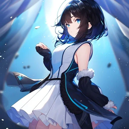 Clear focus,High resolution, Black short fluffy hair, and blue eyes, wearing a light blue sleeveless shirt with vertical stripes, black cut sleeves, wearing long black boots, wearing a white short skirt