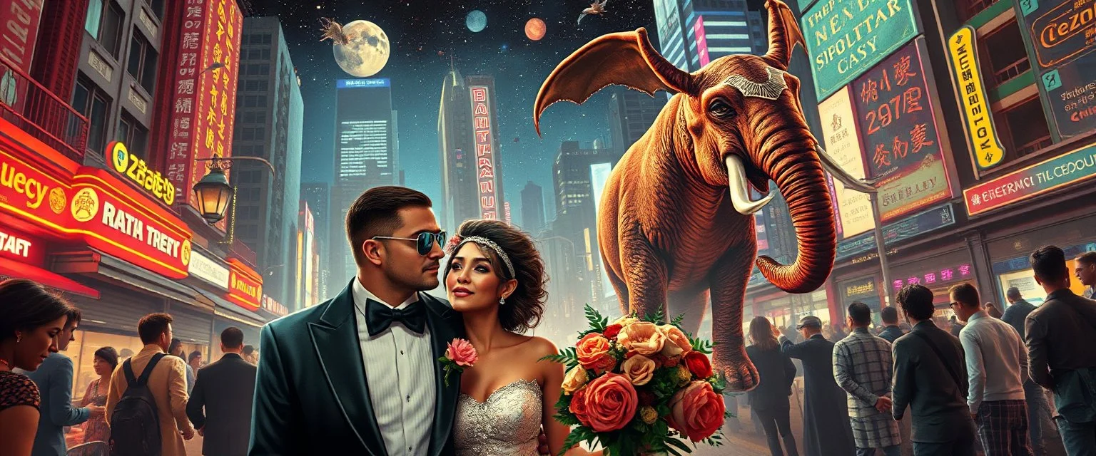 late night cyber punk city wedding couples promenade portrait of a bear ant eater squid elephant horse dragon floating in 4 dimensions, goa trance movie poster, stylized art, weird endless plants in the style of Dali and Rembrandt