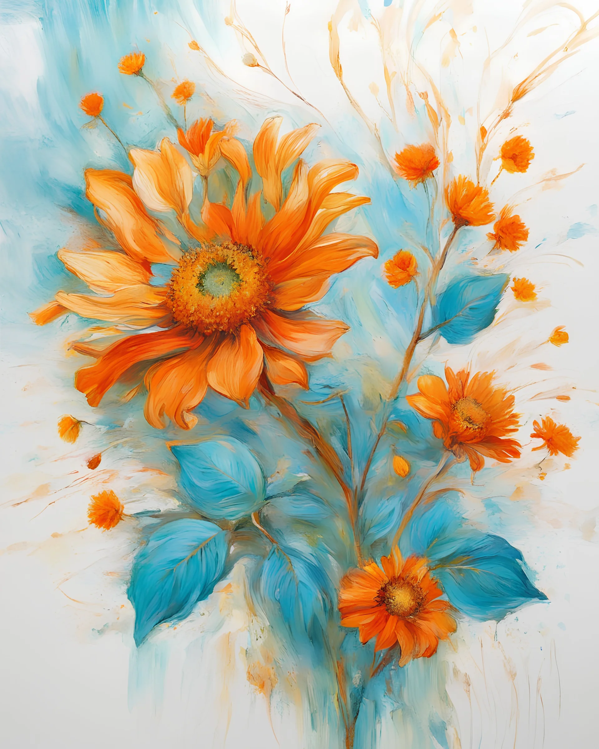 bright light and turquoise , gold and orange flower van Gough white background