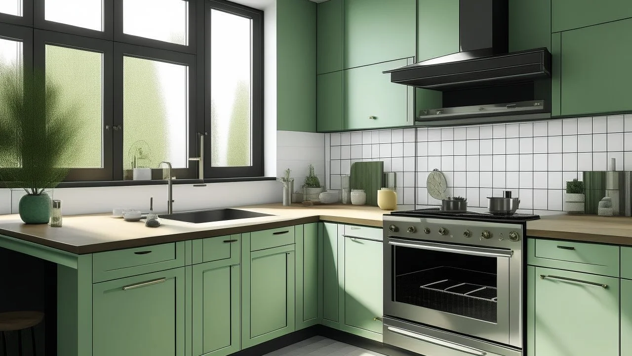 kitchen with celadon green furniture, on the left side by the window from the bottom up, a microwave and an oven installed in the furniture, and on the right side and next to it an induction hob and a cooker hood above it, on the right side there is a sink and a dishwasher underneath it