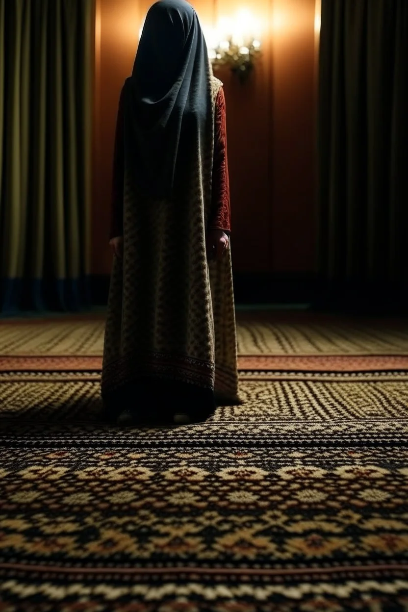 A veiled woman stands on a carpet