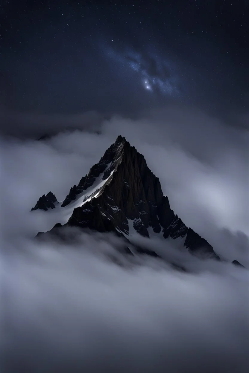 one single mountain sharp face rises out of the mist into the night sky.