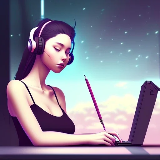 a side view of a beautiful girl sitting on her desktop writing something, headphones on, hand on her chin, nightlamp, digital art, anime, studio ghibli style, window and city background, portrait