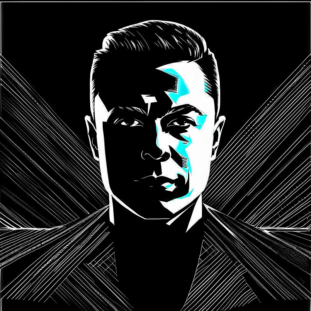 An artistic piece that presents the silhouette of Elon Musk's portrait on a dark background, with the iconic ((("X"))) logo of his social network over his face, resembling the forbidden symbol. High contrast black and white photography, using chiaroscuro lighting to create a striking visual effect. The text "IN BRAZIL" below the image.