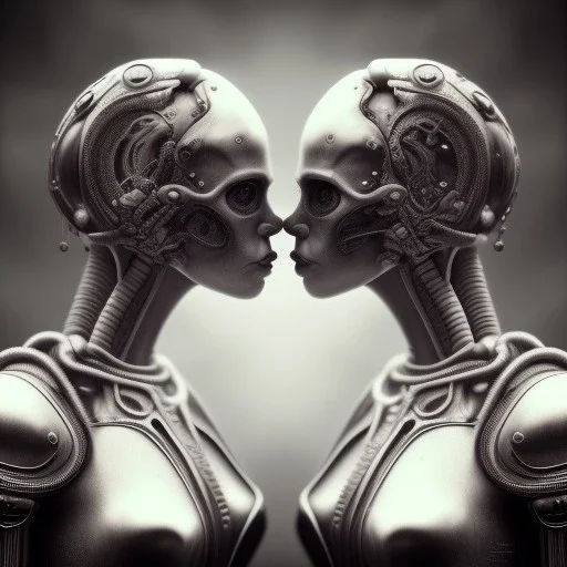 two viking girls kissing each other, hr giger, scary, steam punk, realistic, made in octane, cinematic, ultra-realistic, extremely detailed octane rendering, 8K, VRAY Super Real ar 2:3, dof photorealistic futuristic 50mm lens hard lighting dark gray tintype photograph, realistic lighting, sepia color