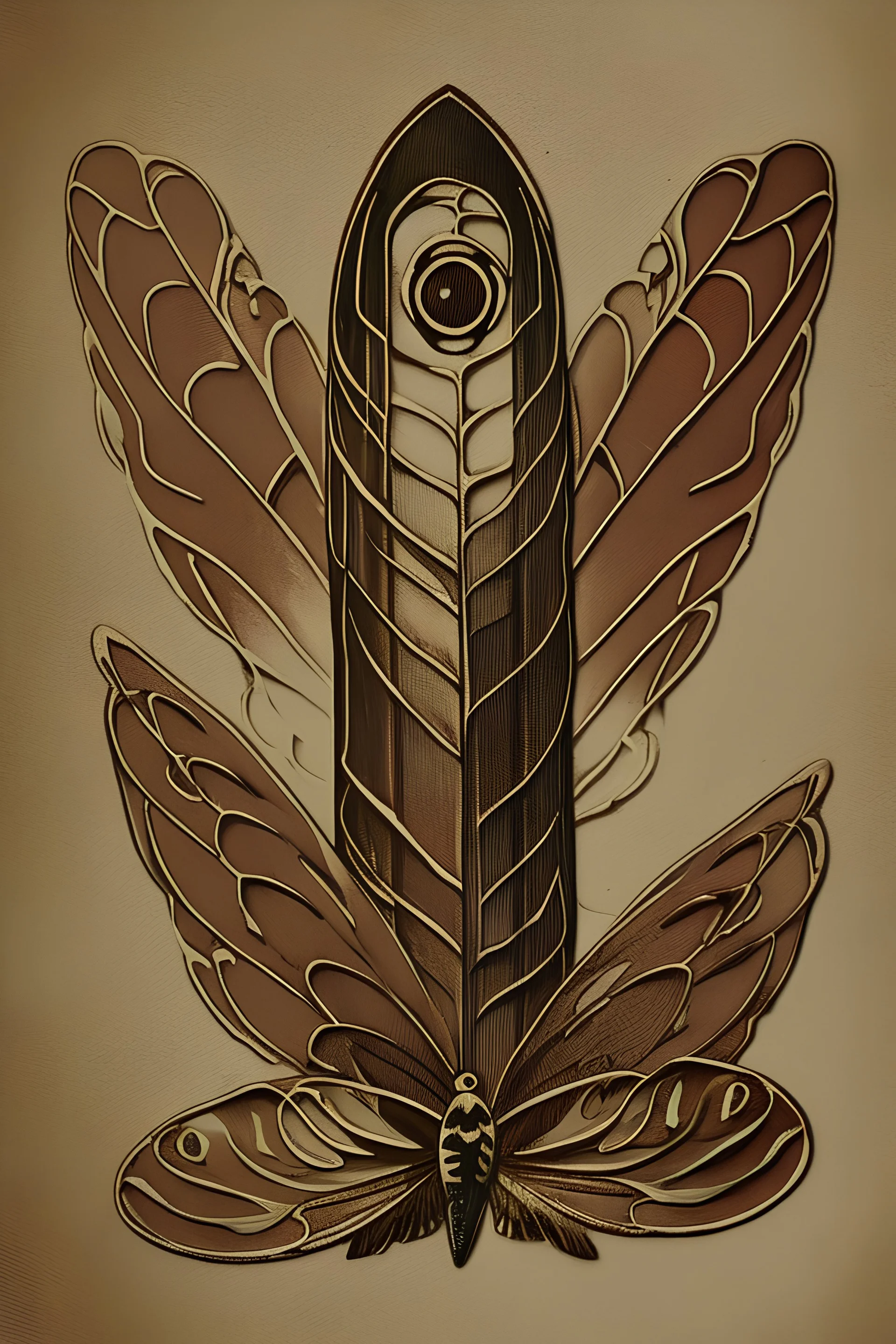 art nouveau logo design for antique shop. symbolizing lady's eye in the center, feather pen on the left and butterfly wing on the right. in feminine way
