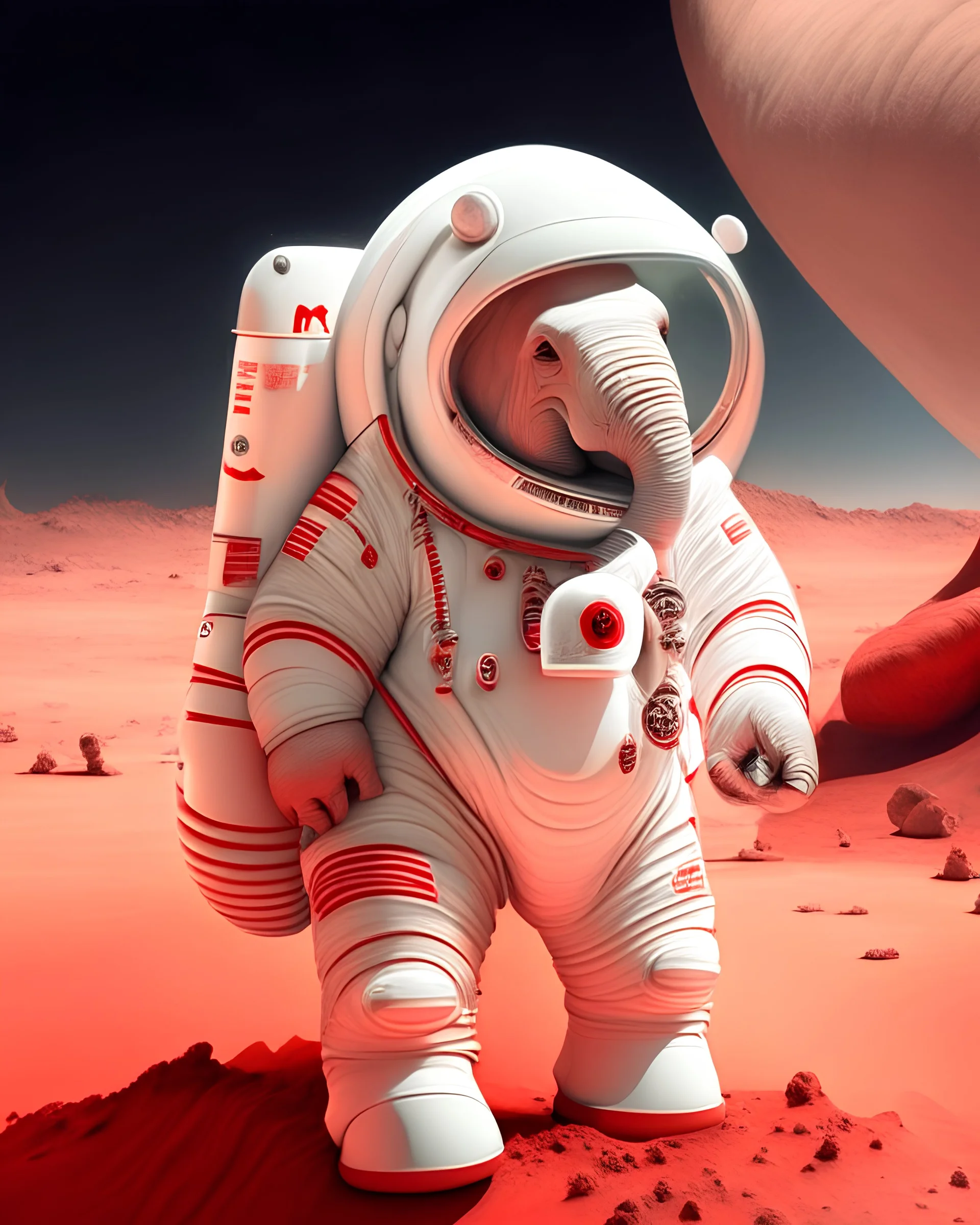 2d anthropomorphic elephant in a white and red astronaut suit on Mars