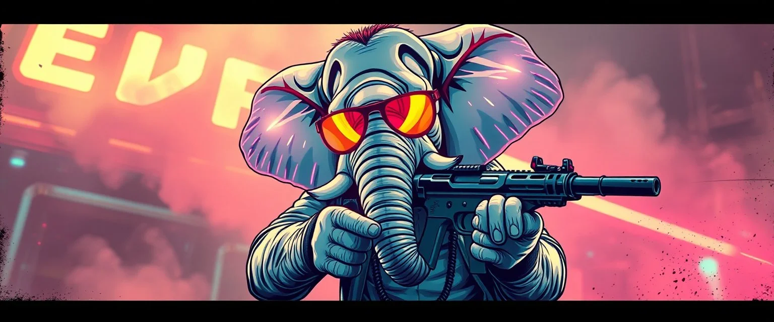 cute pen outline with some neon airbrush, let create a crazy wild elephant mind flawyer man holding guns and doing dangerous stuff - dynamic camera push-in revealing intricate details in motion. Epic cinematic wide-angle camera swoops down, hazy neon background with gritty border