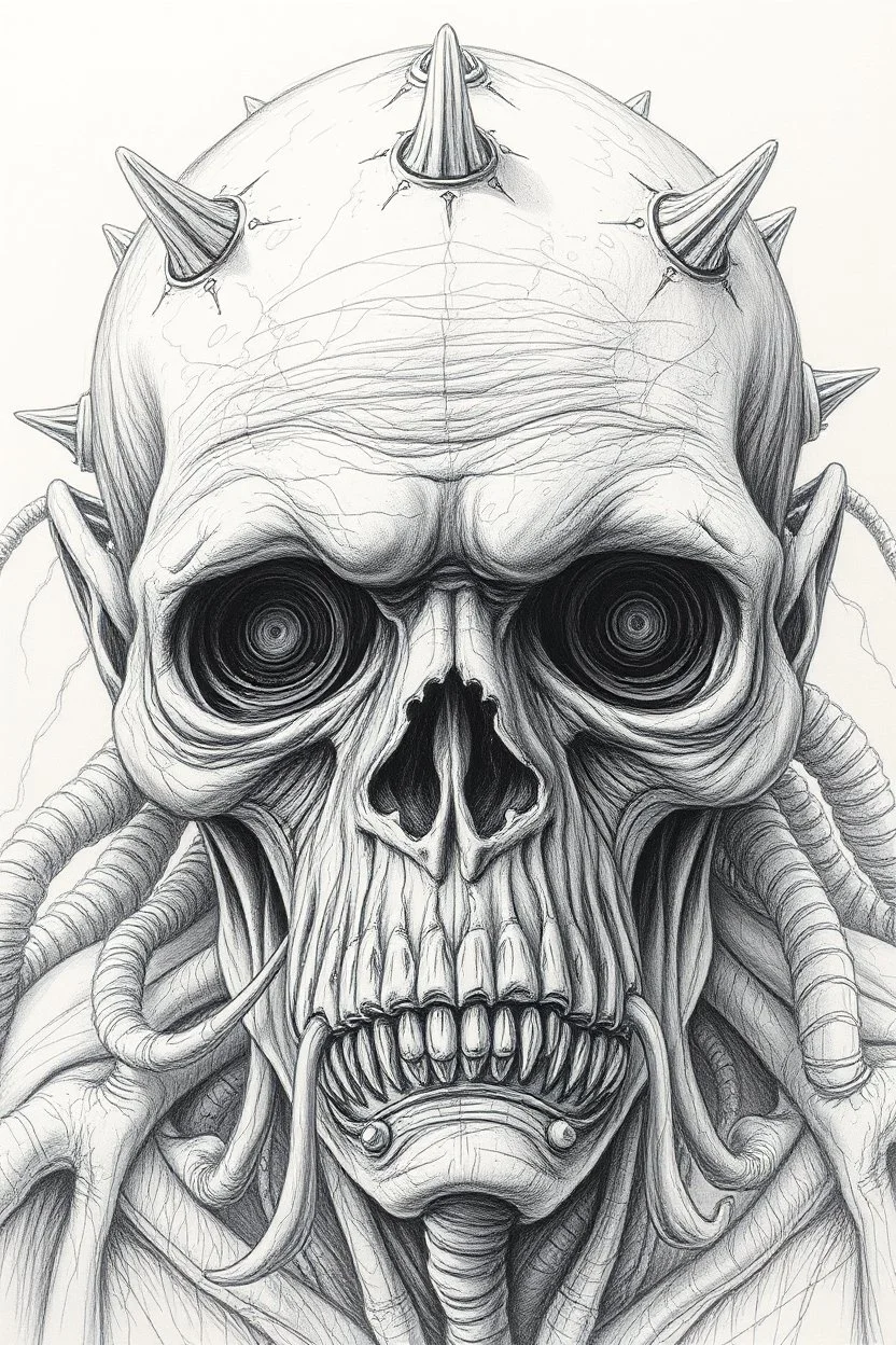 The face of and old men king, a thin line draw ، front view camera, decayed and rotting with grotesque proportions and imagery. surreal horror, biomechanical design, by hr giger and beksinski , fine lines draw