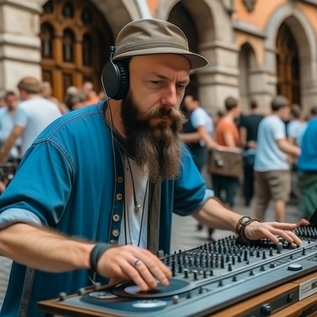 A bearded DJ with a hat on his head at the DJ console, many electronic consoles around, play middle street of medieval city,