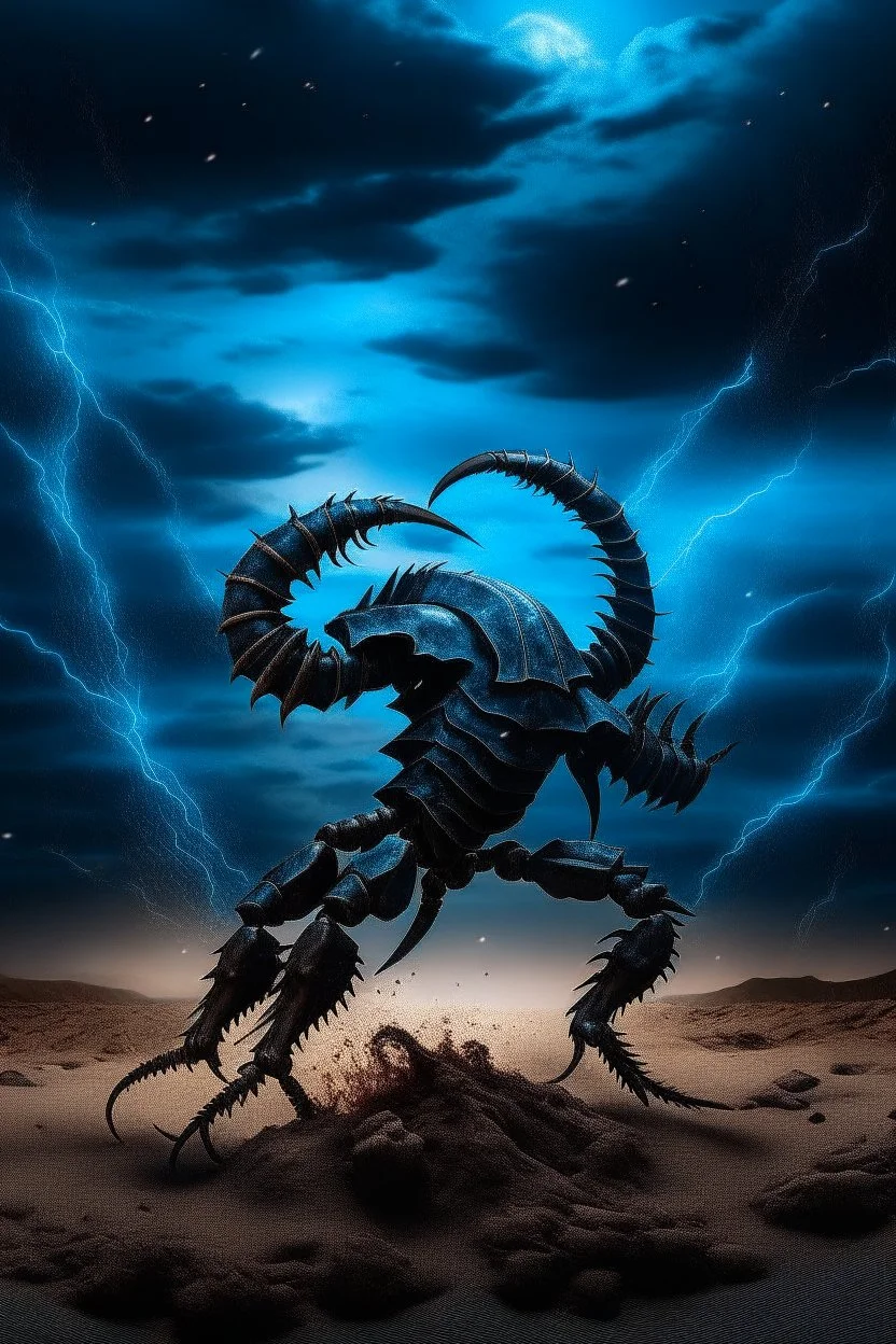 Black emperor Scorpio emblem on a burning landscape background With its Tail curled up behind his back ready to strike and from claws grasping under a storming sky with blue lightening striking around it