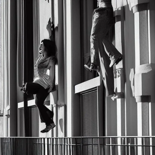 a man and a woman screaming at each other on a balcony, downtown new york, dramatic, dramatic lighting, volumetric lighting, hyperrealism, 8k, high quality, photorealistic, lot of details