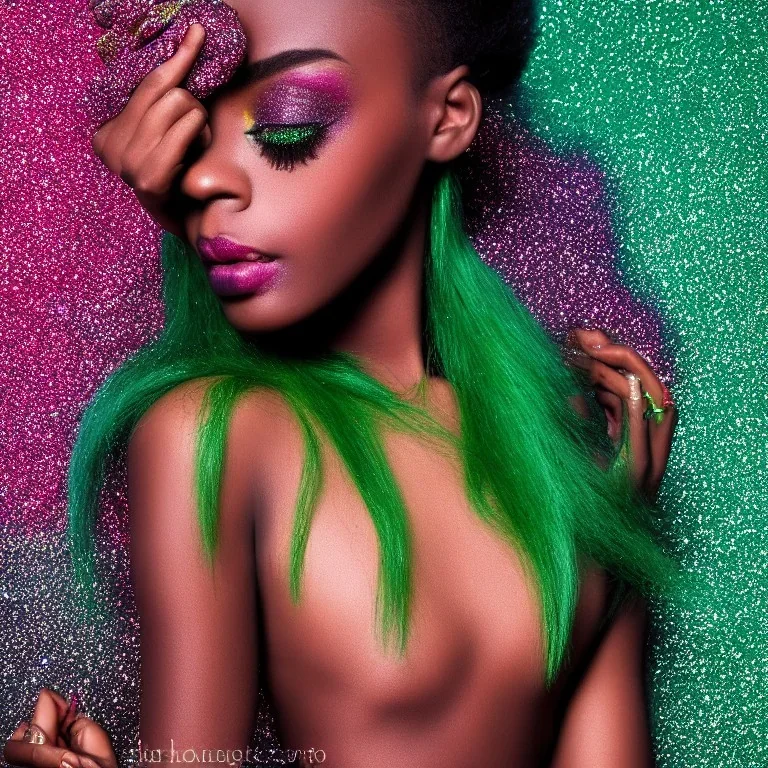 studio portrait high resolution color photography with a 5 0 mm f / 2 2 lens of a beautiful young dark skin model, colorful glitter makeup, light green hair, fine art photography, soft focus, studio lighting, steven meisel, 90s fashion photography, fashion photography, hugo comte