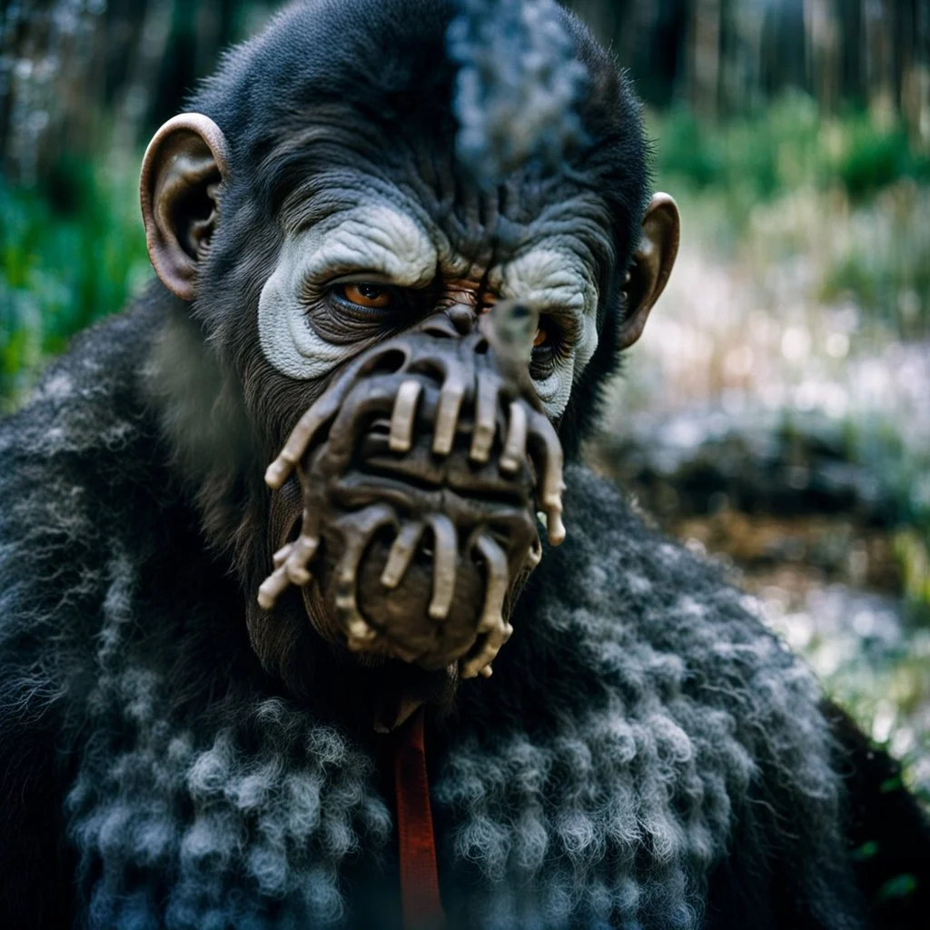 Close up of a Bigfoot wearing respirator, Christopher Nolan, Dystopian, Extreme depth of field, bokeh blur, Alberta, all-natural, in the style of candid, imperfection, natural lighting, Professional shot, shot on Agfa, Fuji Film, Anamorphic lens --ar 4:5 --w 150 --style raw