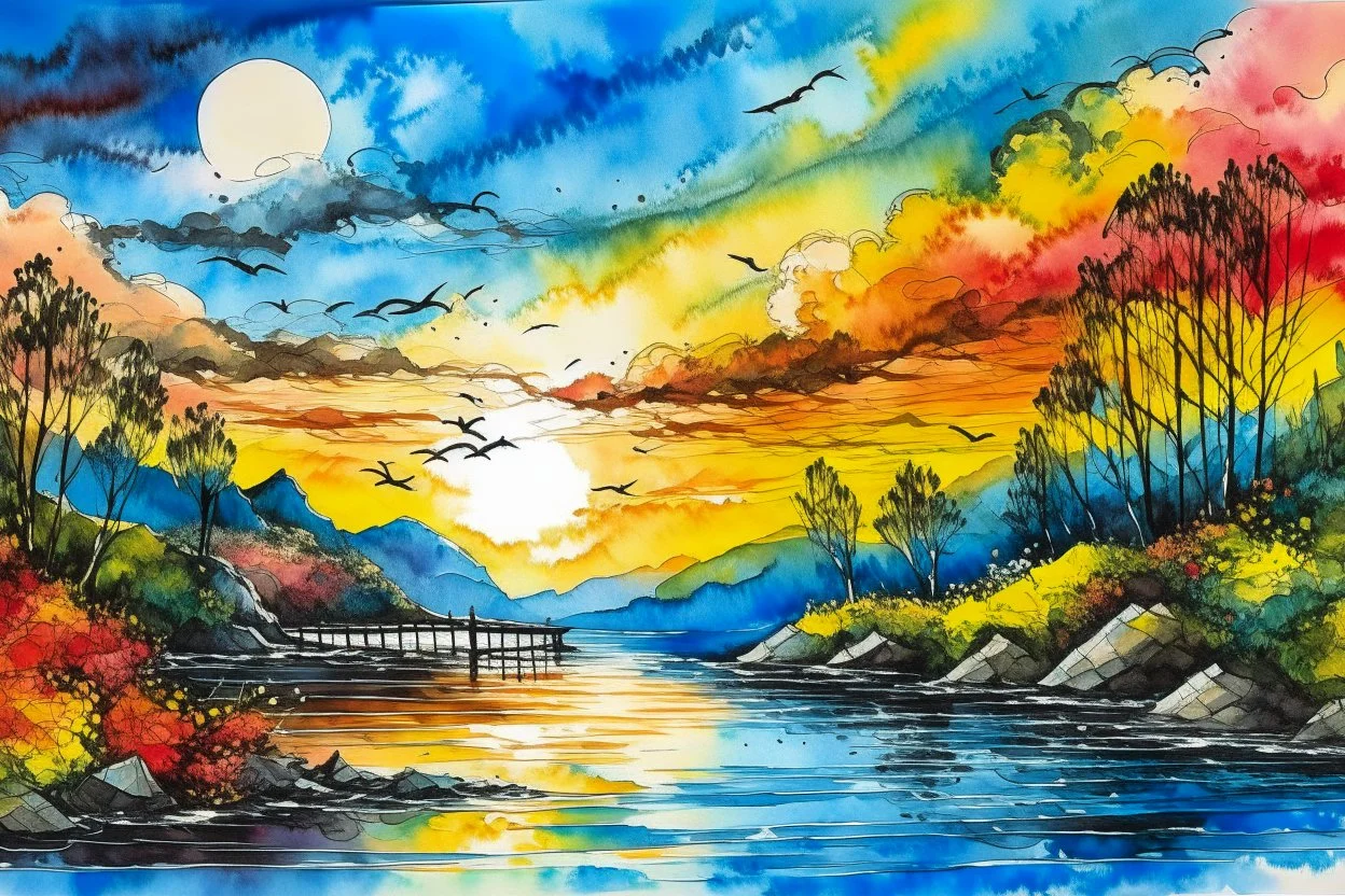 Urban sketch of a beautiful forest in ink and watercolor, storm clouds, full sunset, flowers, kurved path, old wood bridge, gull Modifiers: beautiful award winning