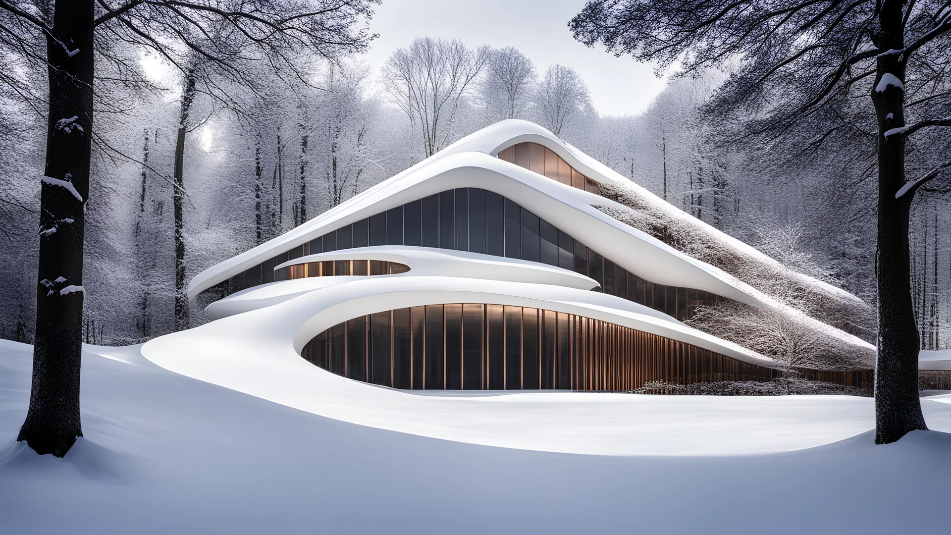 2055, rule of thirds, delightful, sensitive, confident, undulating sinusoidal theatre with pointed hyperbolic roofs, forest, delicate, thick snow, symmetrical, exquisite architecture, innovative design, perfect symmetry, award-winning photograph, beautiful composition, filled with beautiful detail, delicate colour, chiaroscuro