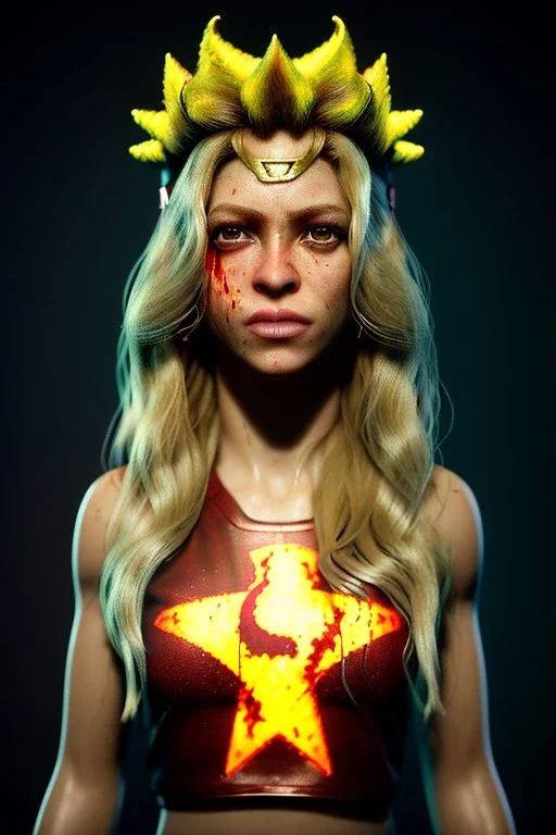 portrait, Shakira, blonde, angry, Realistic image, superhero, watchmen style, gold make-up, blood, sweat, fog, goddess style, Neon colors, leds. Black background, photo studio, concept art, smooth, unreal engine 5, god lights, ray tracing, RTX, lumen lighting, ultra detail, volumetric lighting, 3d, finely drawn, high definition, 4k.