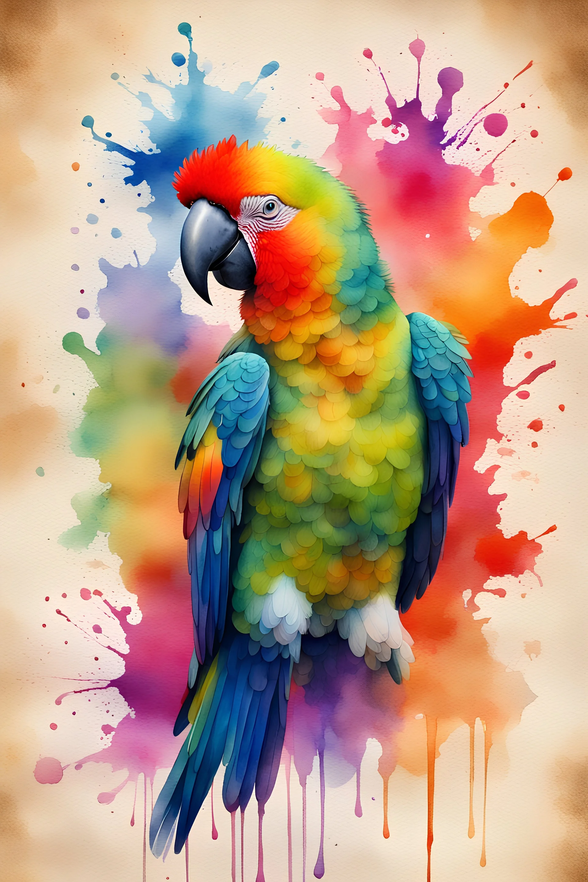 background old paper, parrot, watercolor, fine drawing, high detail, 8K, drips, splashes, bright colors