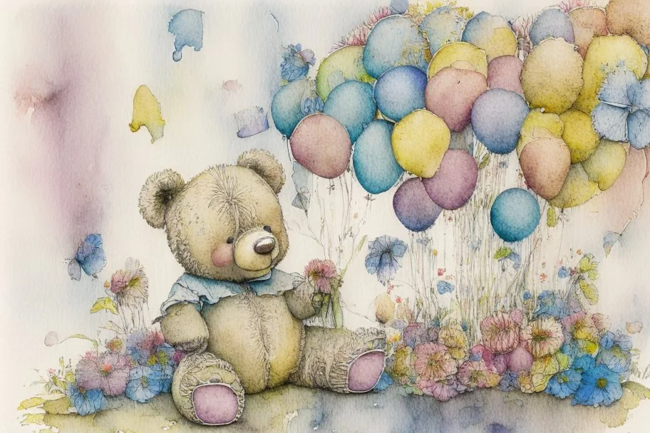 line art, watercolor wash, ( patchwork teddy bear sitting amongst flowers and balloons) brian froud style, carl larsson style, colourful palate, perfect composition, detailed background by daniel_merriamn summers day, studio photo, intricate details, highly detailed highly detailed elegant studio lighting intricate beautiful award winning crisp quality colourful very cute Daniel Merriam Daniel Gerhartz midjourney quality