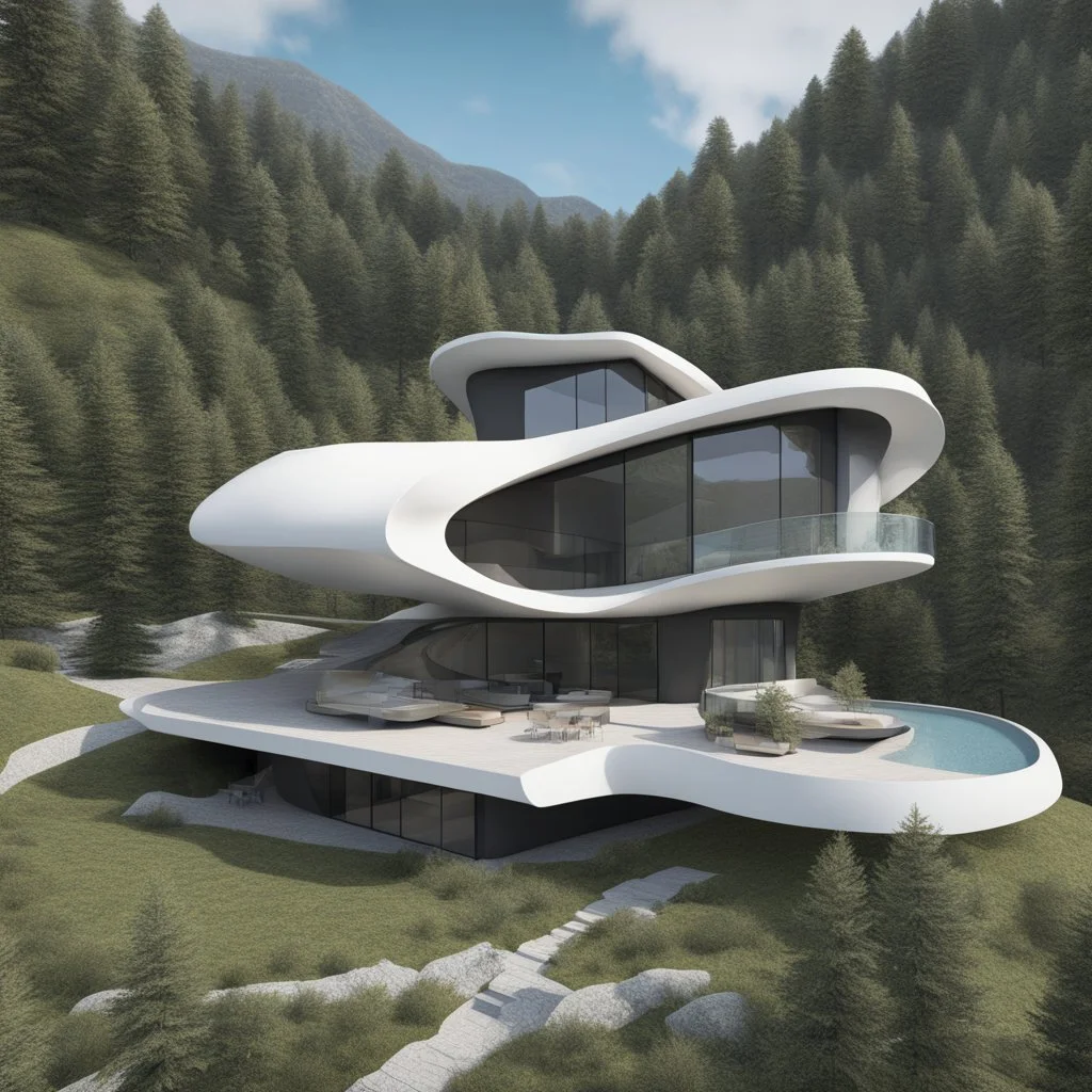 Casa campestre moderna en la montaña, minimalista, estilo Zaha Hadid, Arte digital, hiperdetallada, calidad ultra, 8k