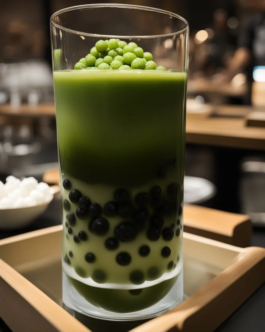 filling the frame we are looking into a tank filled with matcha green bubble tea, dark tapioca pearls along the bottom against the glass, ice floating at top, no fish, no outside of tank