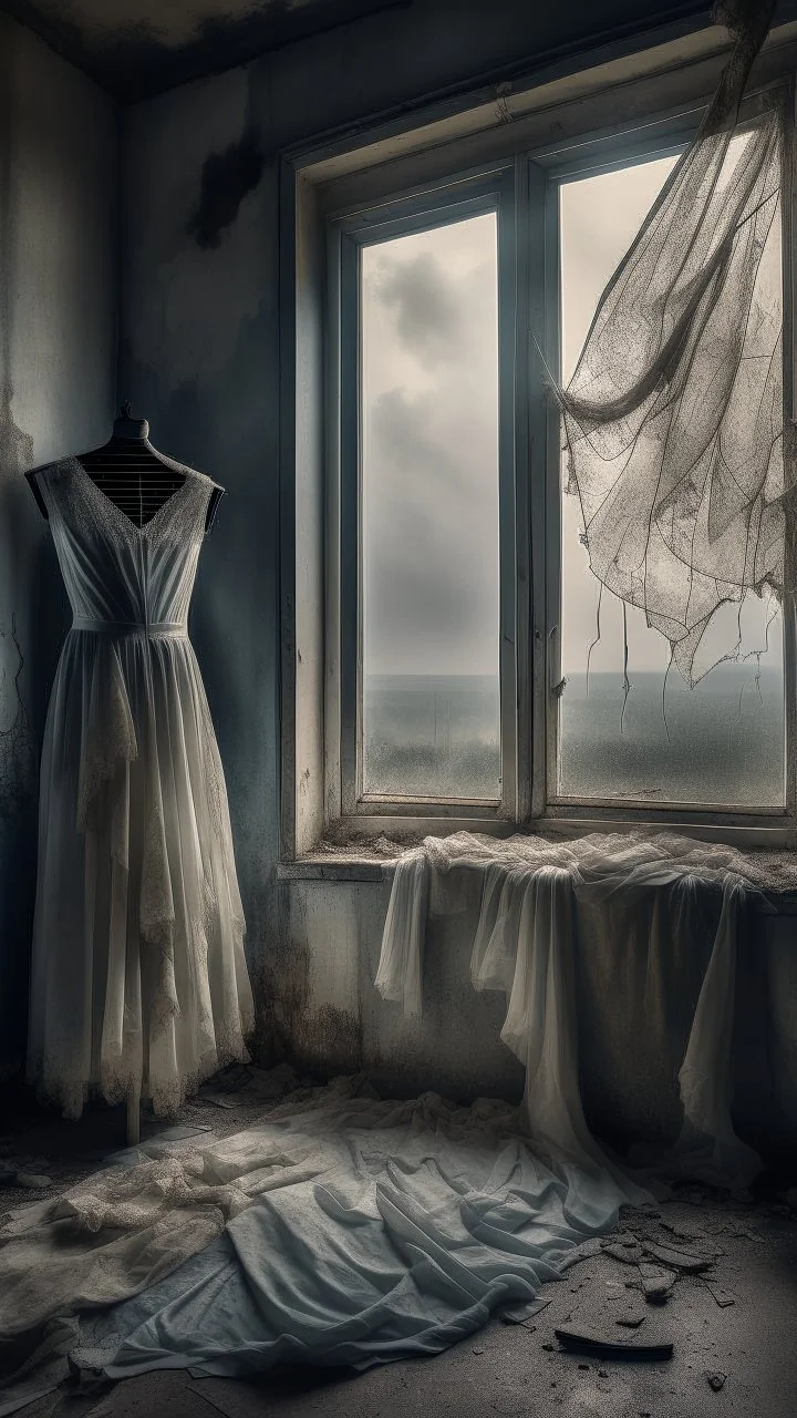 An old dusty wedding dress hanging on the wall by a cloths hanger by a needle of an abandoned room in front of broken glass stormy foggy sky in the background