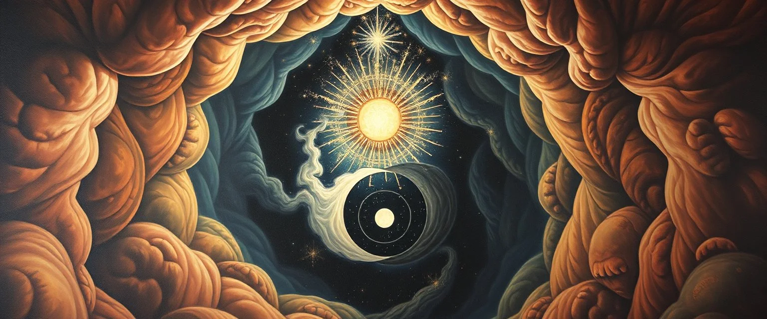 awake within a dream, portrait of ascended yin yang cloth, master blaster, master oil painting by Rembrandt, escape route from our dimensions, hidden even to the demiurge, zebra worm hole