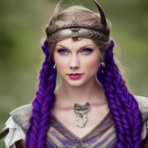 beautiful viking queen with purple armor, delicate blue braided hair, white flowing dress, highly detailed, 8k, ambient light, taylor swift