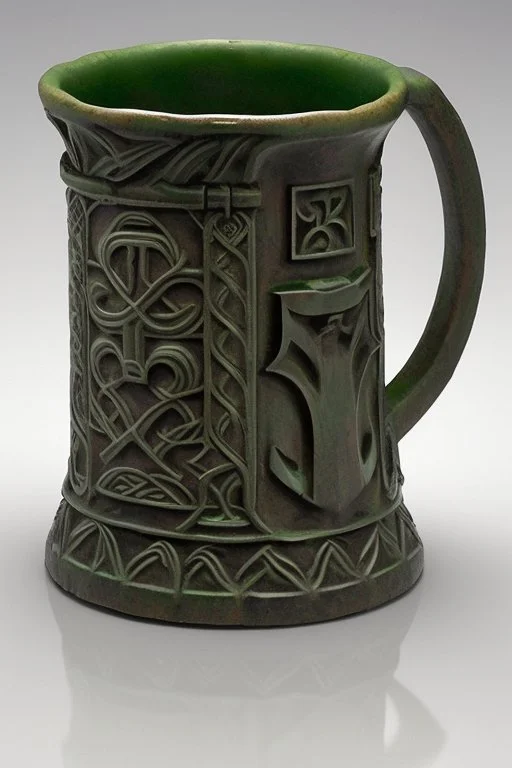 A viking dwarfa tankard of honey mead. An oak leaves and green man are prominent. Book of Kells style