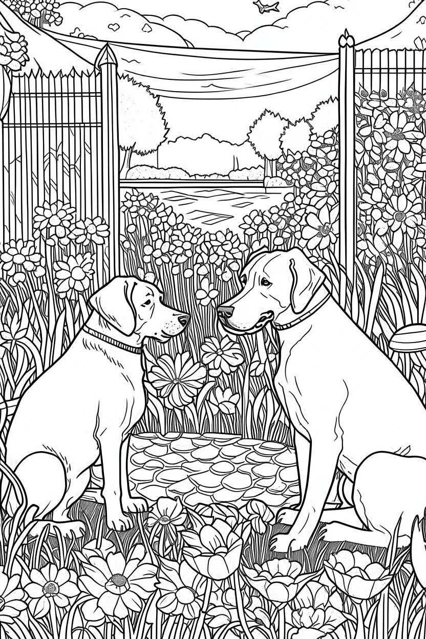 Outline art, dogs in the garden, cartoon style, low detail, --ar 9:11