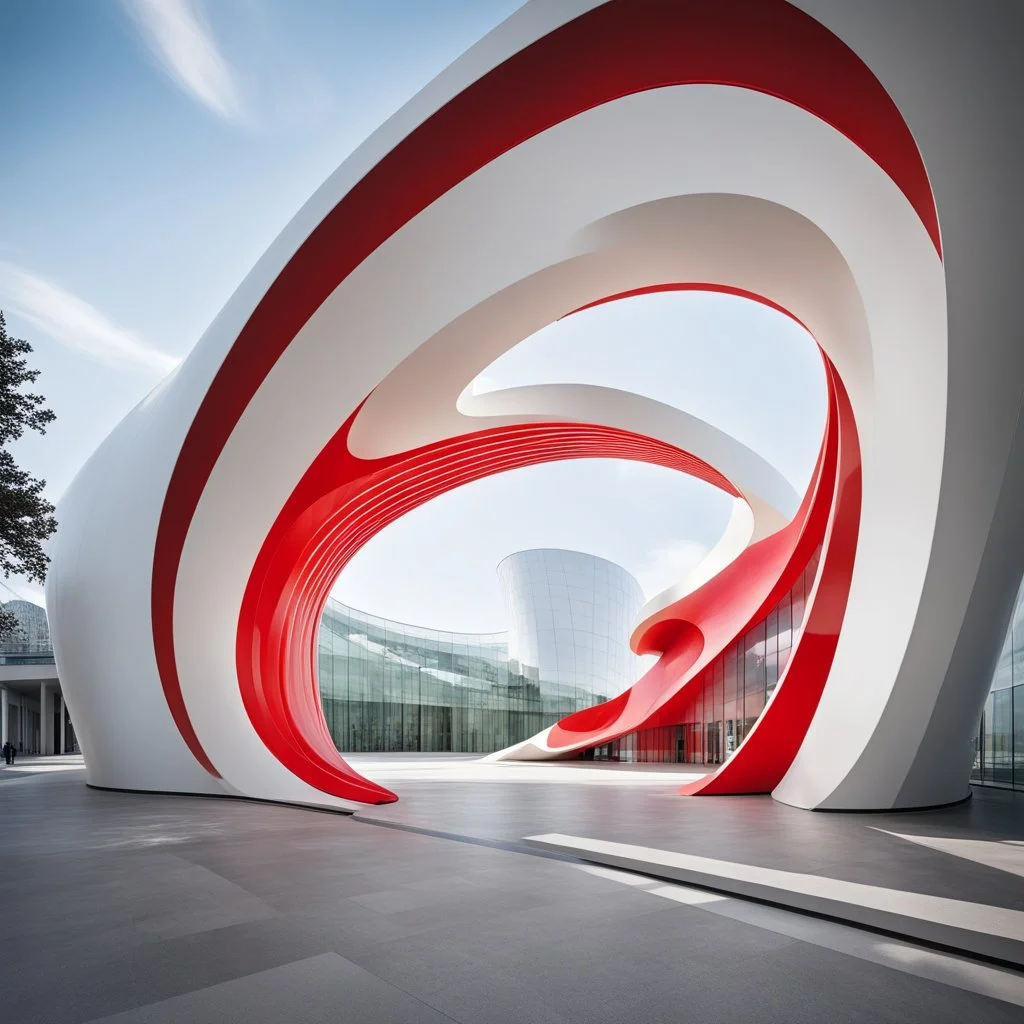 Perspective from outside of the Messe Dornbirn exhibition centre entranceway, by Toyo Ito, dramatic modernist red asymmetrical elliptical semi-circular framed entrance to a large white art exhibition building, modern art design, stylish, sleek, flowing biomorphic architecture, Marte.Marte architects