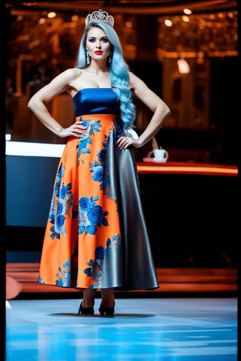 full body of very beautiful ukrain lady wearing orange_blue pretty midi flared dress with hair silver crown ,standing idle pose