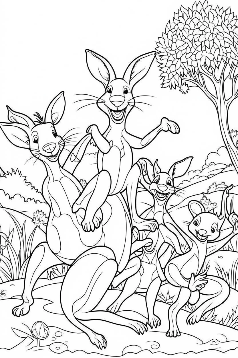 HAPPY NEW YEAR colouring page for kids,Kangaroo family leaps into joy, thick outline, low details, no shading, no colour