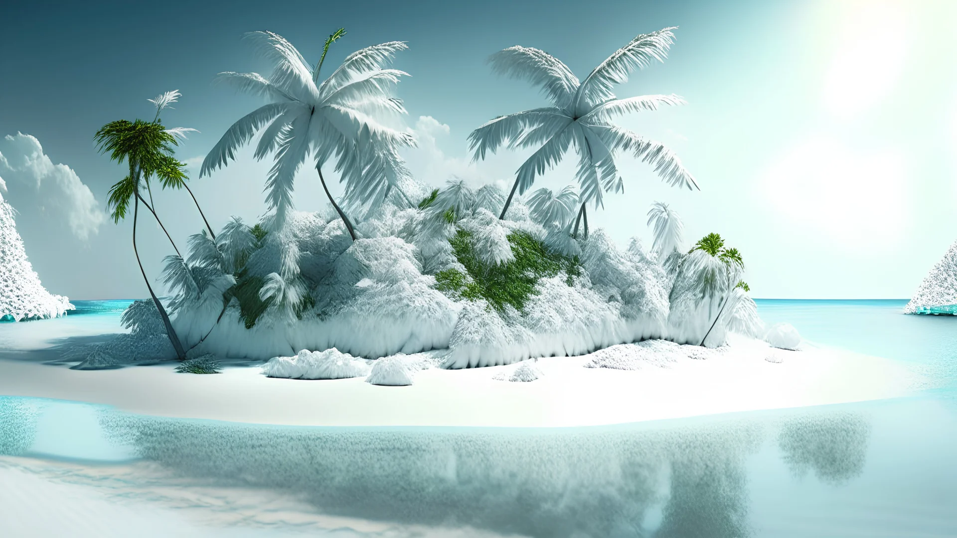 beautiful white,day,tropical, island, Realistic photography, incredibly detailed, ultra high resolution, 8k, complex 3d render, ultra sharp focus