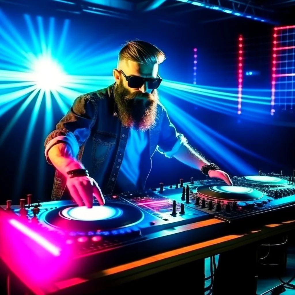 Dance hall ,dj play ,laser lights, l, beard DJ play music with DJ desk,