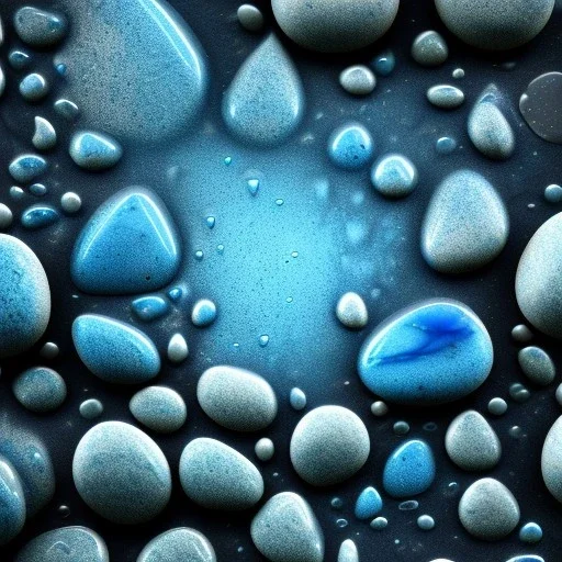 Blue raindrops on a rock, close up view, photo quality, stone marble, ultra realistic