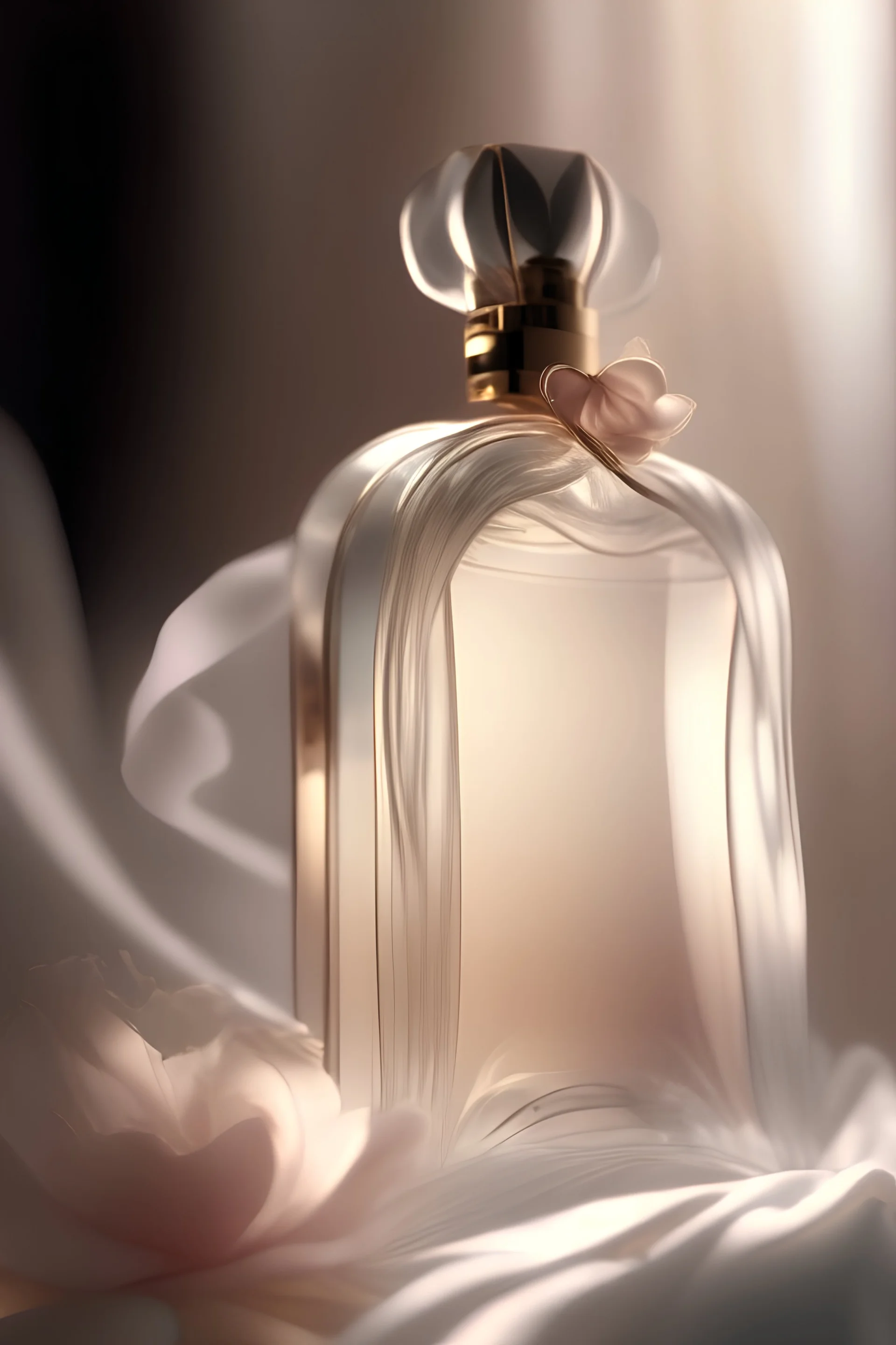 generate me an aesthetic photo of perfumes forEthereal Elegance II: Use sheer fabrics and soft focus to create an ethereal and delicate atmosphere around the perfume bottle.