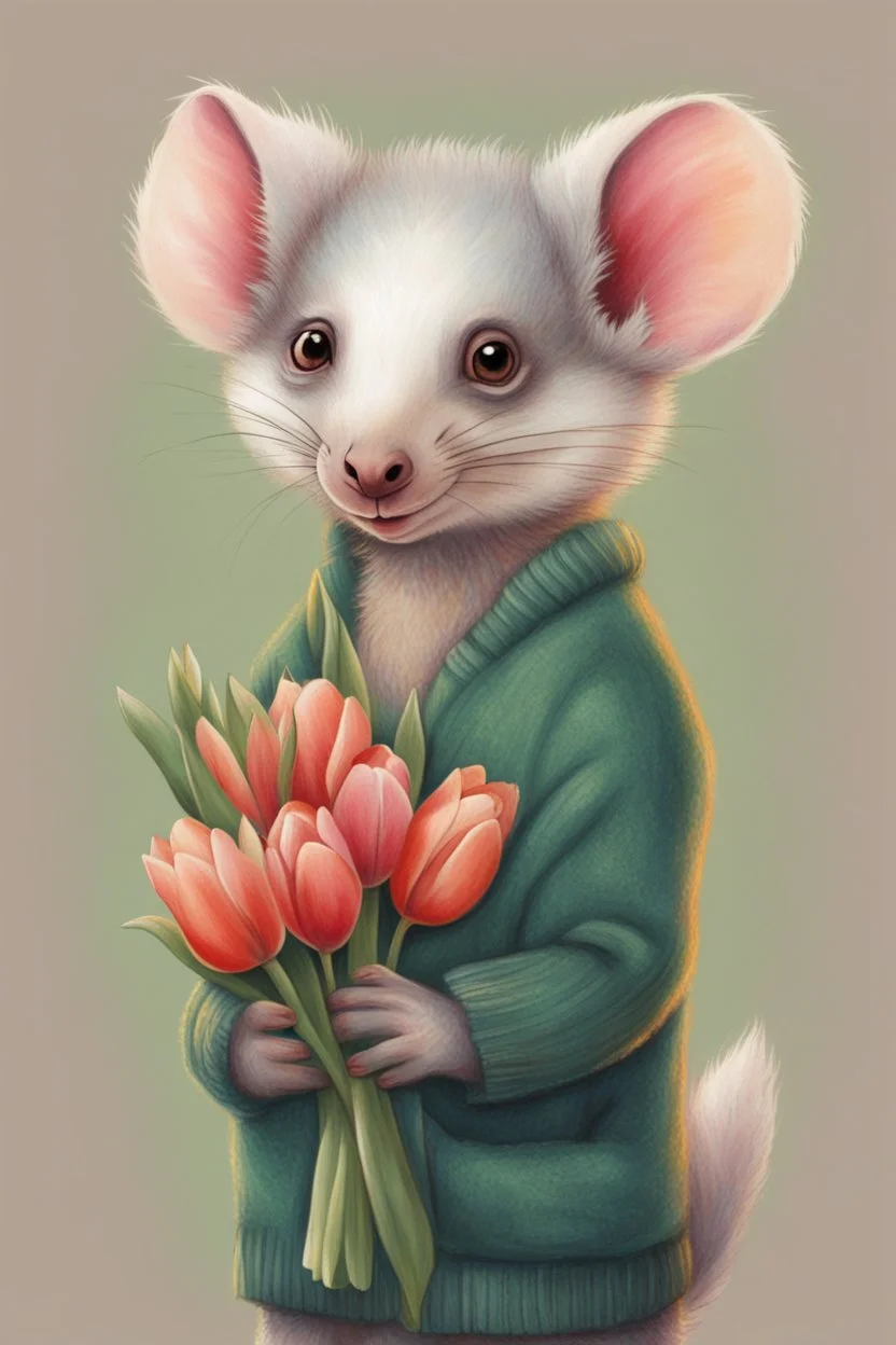 Green opossum wearing cardigan holding a bouquet of tulips cute art