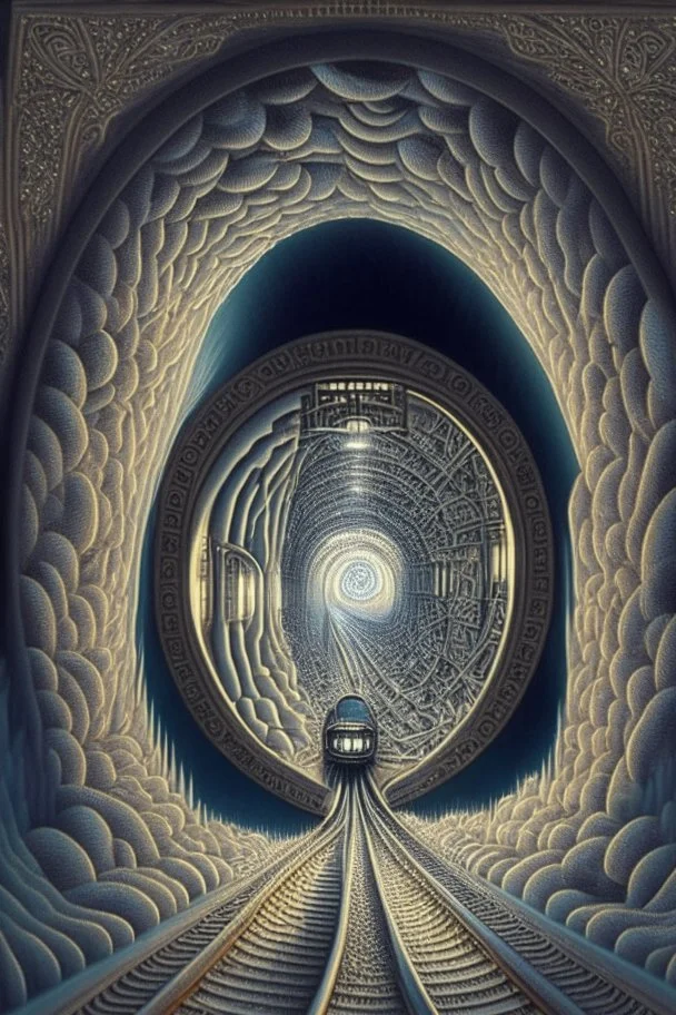 Then it comes to be that the soothing light at the end of your tunnel Was just a freight train coming your way; intricately detailed surreal optical art, award-winning,