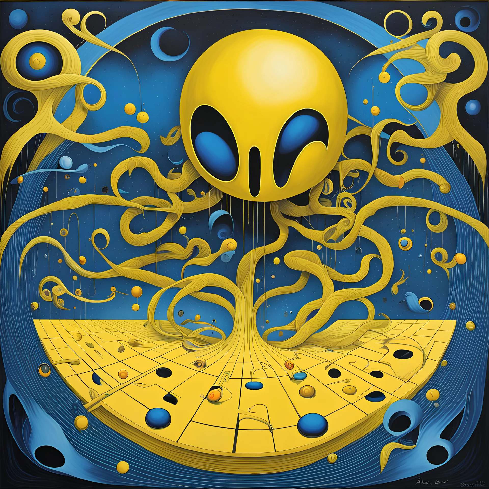 Surreal PAC-MAN, surrealist interpretation of the pac-man video game avatar by Nicola Samuri and Kay Nielsen and Kay Sage, some artistic abstractions and aberrations, matte oil painting, smooth masterpiece , yellow and Dark_Blue dual color scheme