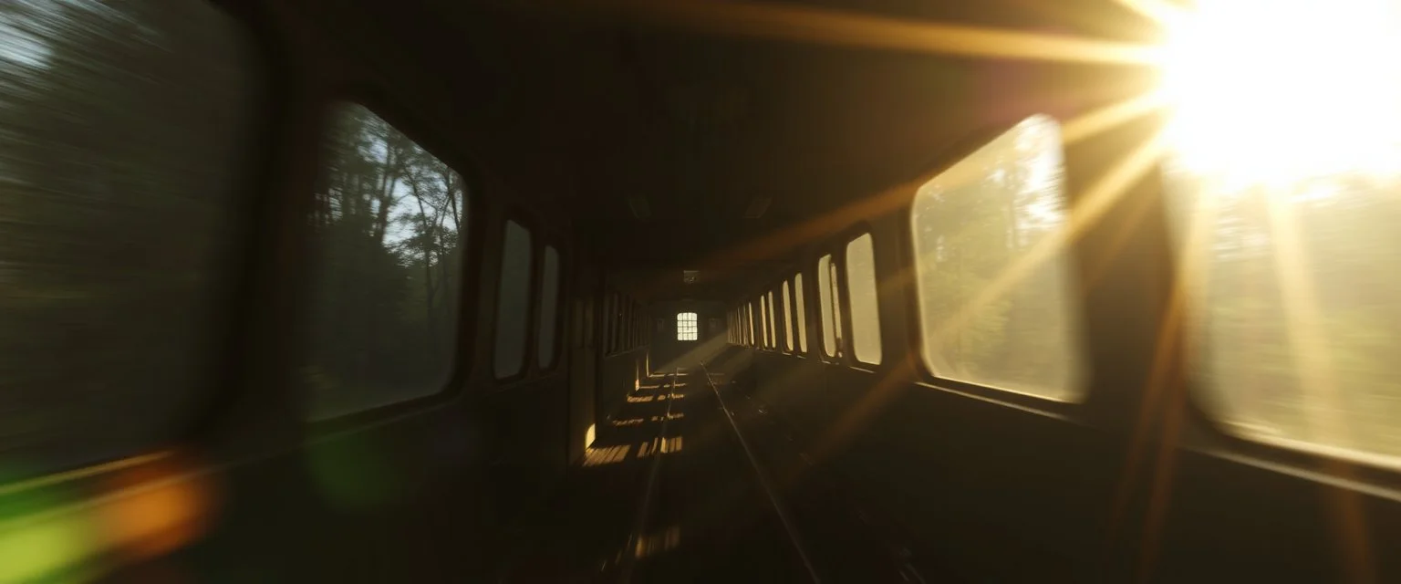 get inside the rabbit train in the style of Rembrandt and Fallout 4, with motion blur and volume fog and sun rays and lense flare