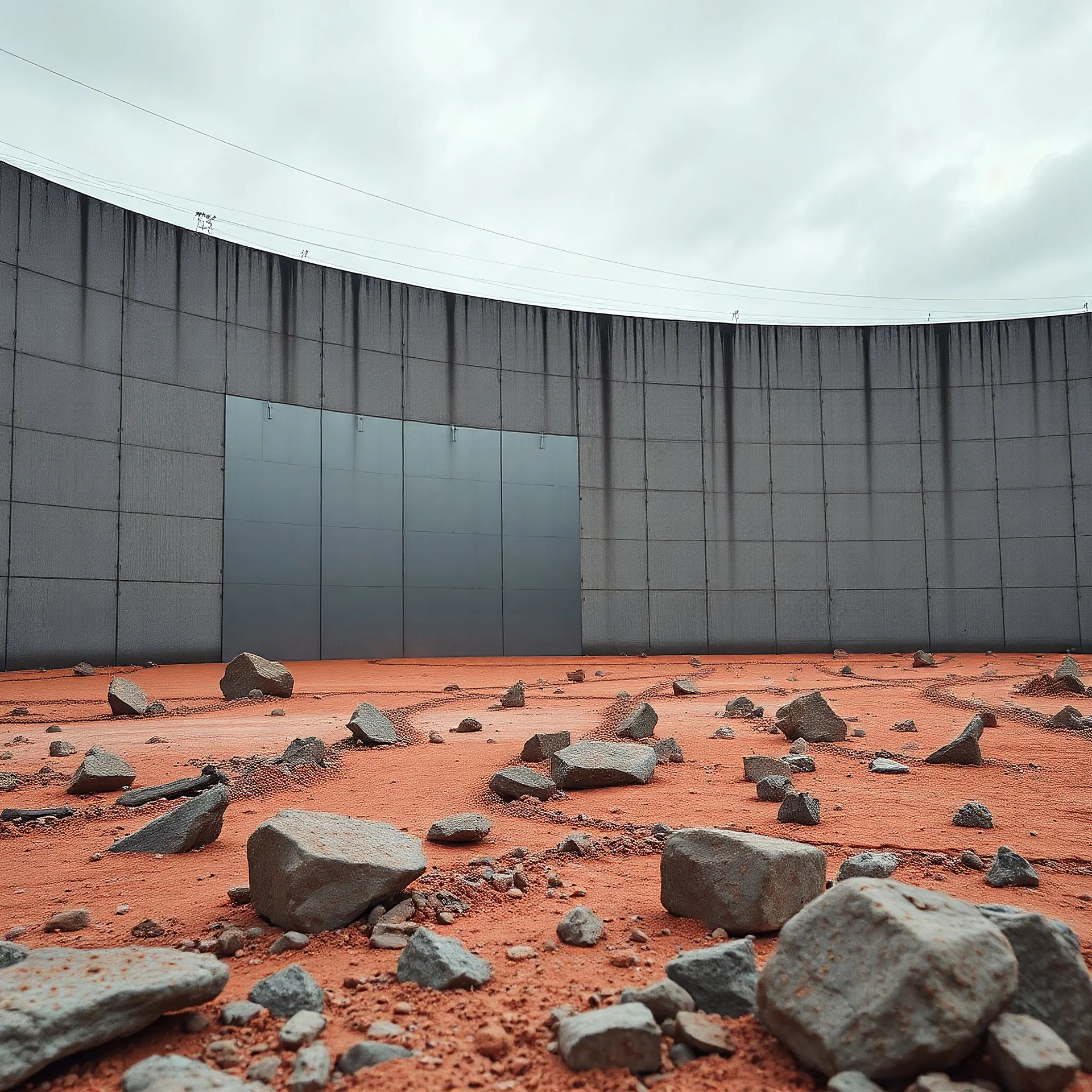 Photograph, wasteland, reflective aluminum wall, Truman show, brutalist concrete architecture, rocce, grey sky, liquid, polvere, red spot, open air museum style, wires, apparecchi elettronici, powder, minimalist, details of the dust very accentuated, deep 3d field