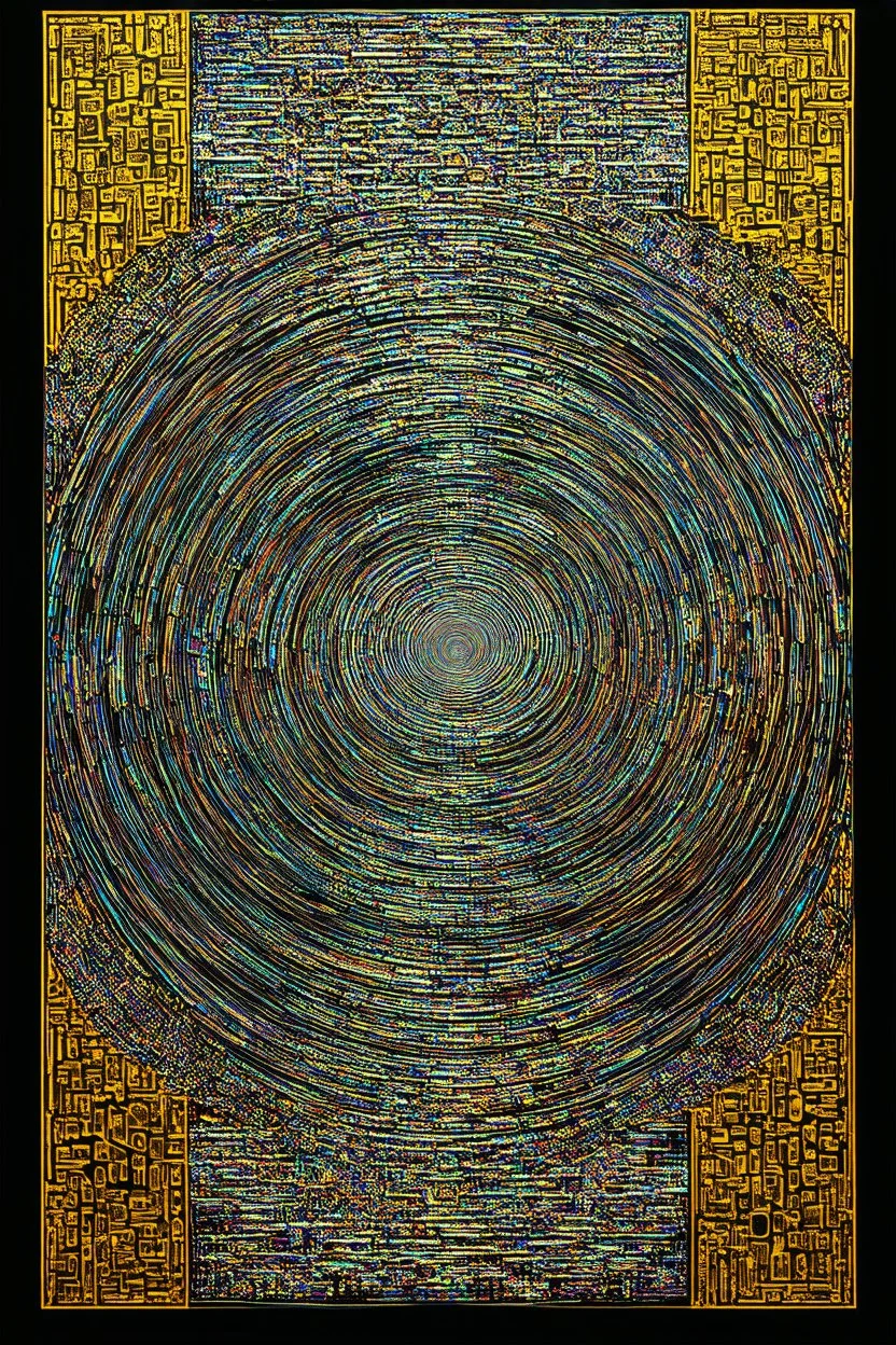 the machinery of existence; a mobius strip of optical ink art inspired by Escher filled in with Iridescent golden elements inspired by Klimt and colorful elements inspired by Klee