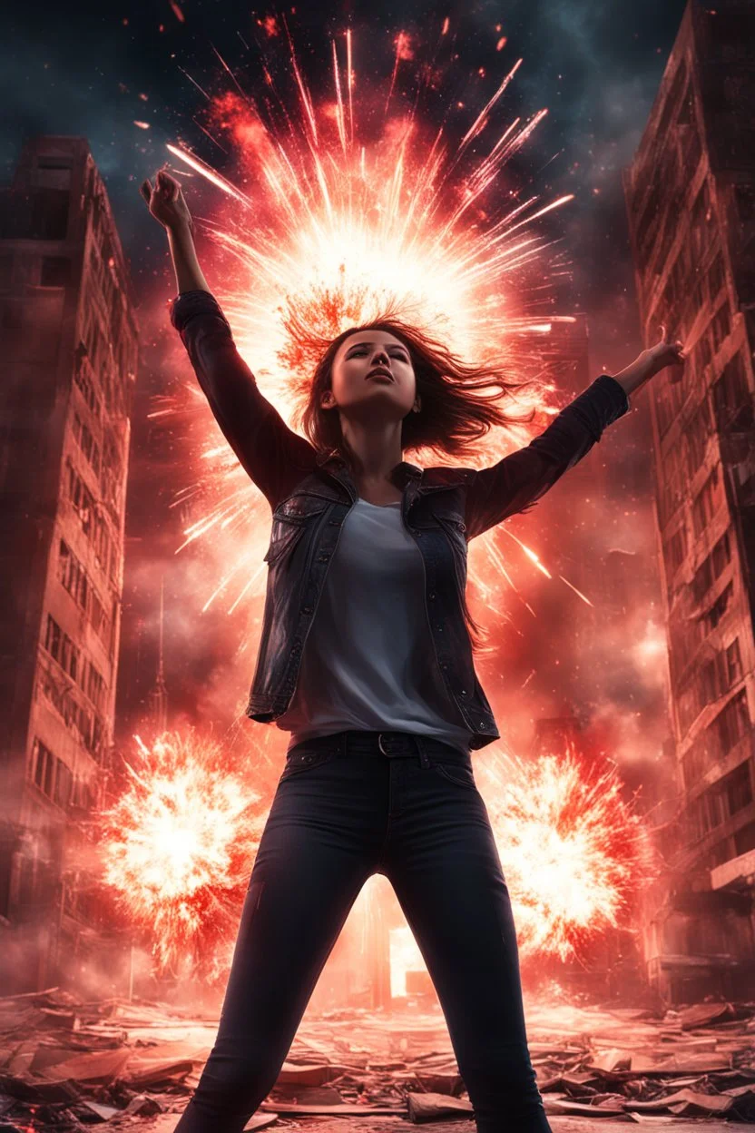 Photorealistic young woman standing, with arms raised, in front of an exploding building at night, with red auras around her