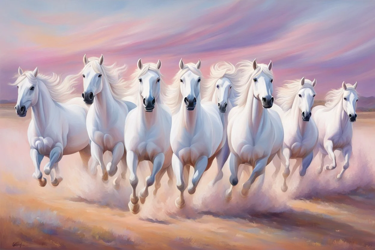 Oil on canvas portrait of seven majestic white horses galloping in a vast, open landscape. They go at full speed, their manes blowing in the breeze. The soft gradient background of pastel pinks and purples creates a serene and dreamy atmosphere. Clear summer weather. The overall effect is one of movement and freedom, capturing the boundless spirit of horses.