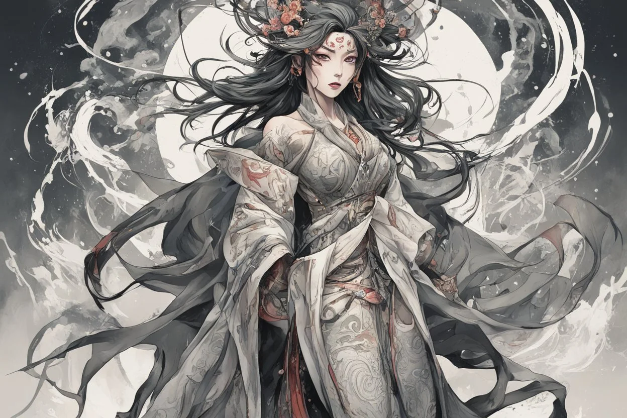 create an abstract expressionist full body illustration of a darkly magical, raggedly clothed Japanese sorceress with highly detailed and deeply cut facial features, searing lines and forceful strokes, precisely drawn, boldly inked, with rich striking pale winter colors