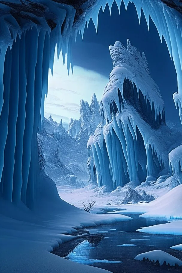 A frozen landscape with a giant caveroof over it