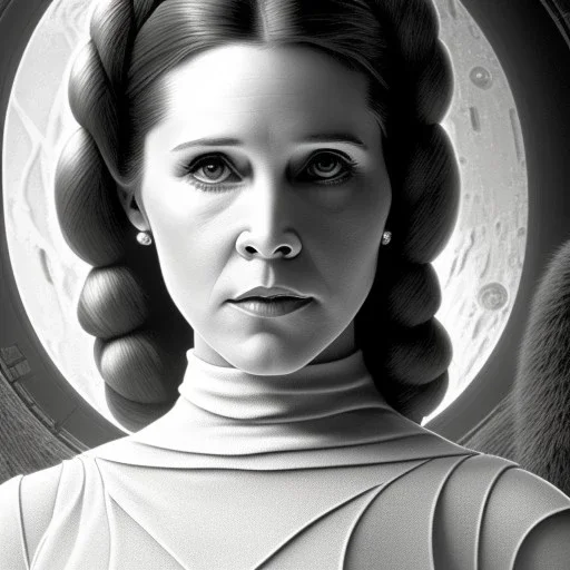 extremely detailed 8k hyperspace wallpaper,complete and photo realistic detailed head to waist stunning photo realistic portrait of carrie fisher as Princess Leia in star wars with Symmetrical, soft, fine, warm, photo realistic hair, brown eyes, professional majestic photo realistic painting by Ed Blinkey, Atey Ghailan, by Jeremy Mann, Greg Manchess, Antonio Moro, trending on ArtStation, Intricate, High Detail, Sharp focus, dramatic, by greg rutkowski,