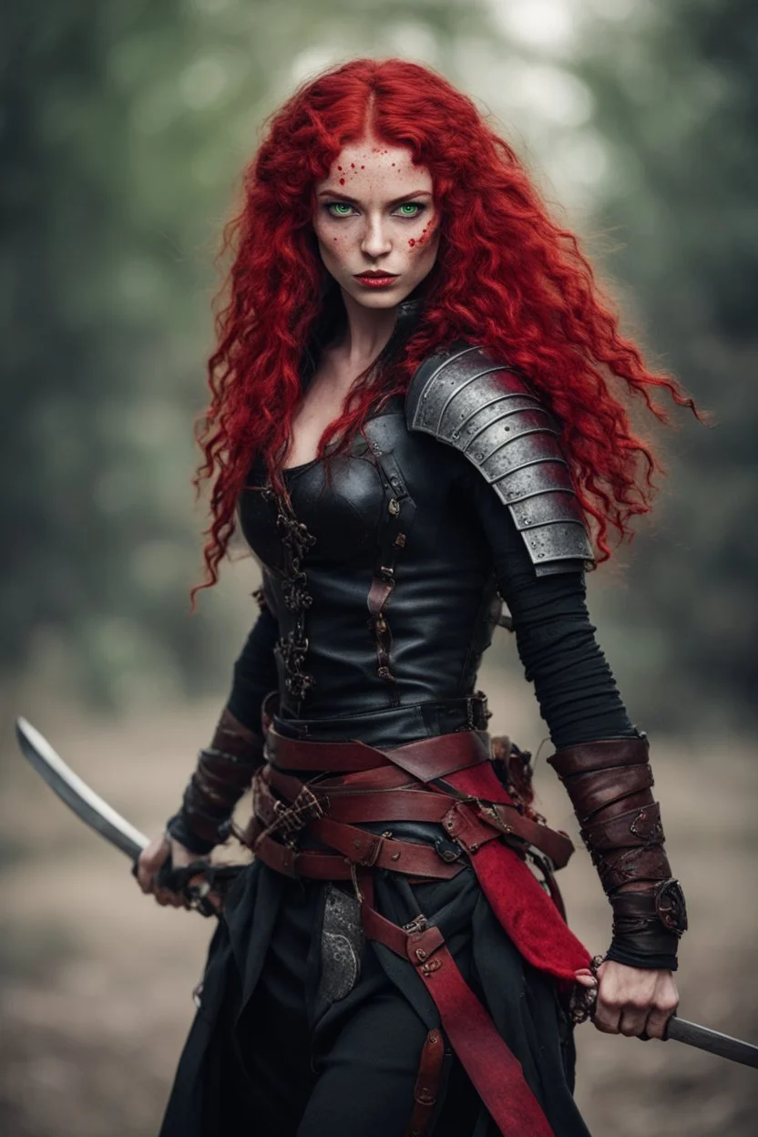 Young warrior woman, with green eyes and freckles. With long blood red curls. Dressed in a tight leather epic black and red clothing. Carrying two swords.