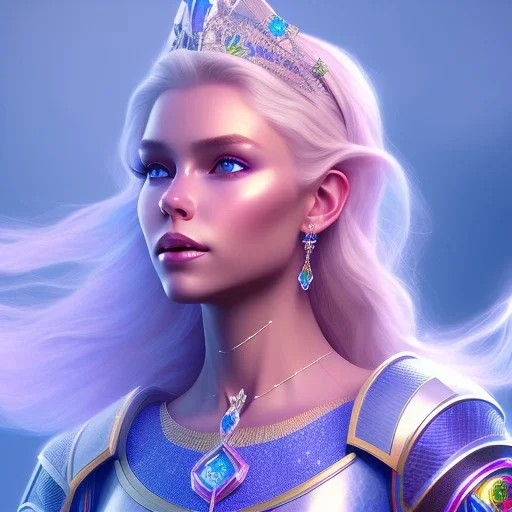 A portrait of a full body crystalised blue pink queen,smiling face, blue eyes, long blond hair, atmospheric, realistic, unreal engine, lighting